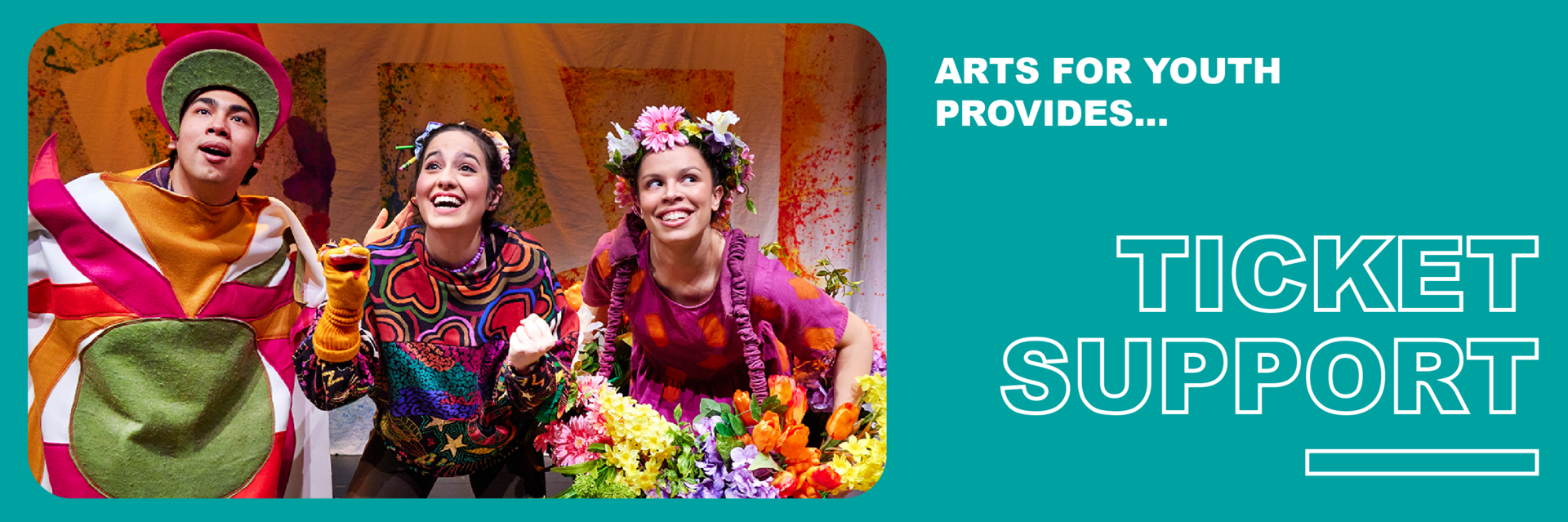 Colorful performers promoting ticket support program.