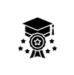 Graduation cap and ribbon with stars.